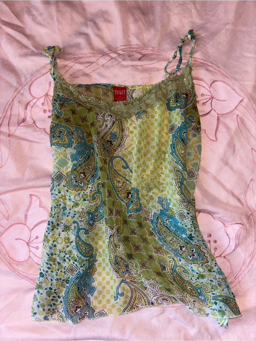 Lace-Trim Paisley Camisole - Green & Teal fairy cute y2k